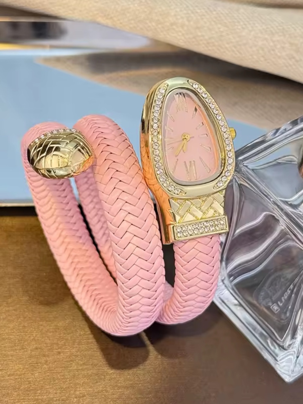 Serpent serpentine Pink Braided Wrap Bracelet Watch with Gold Accents